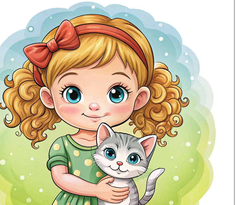 A girl with curly hair holding a small grey kitten