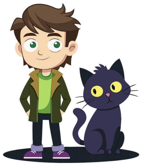 A boy with brown hair standing beside a black cat with yellow eyes