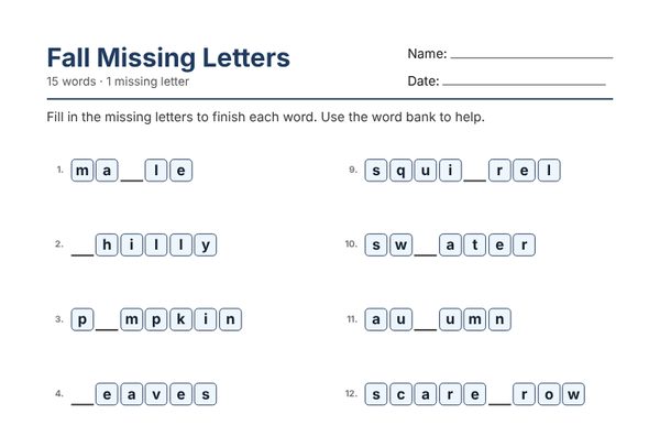 Example: Missing Letters Worksheets