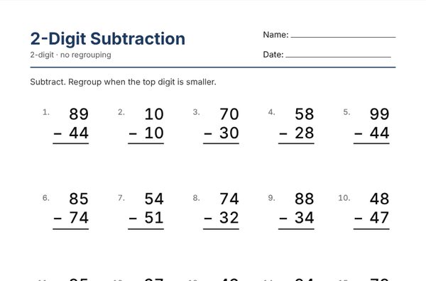 Example: Subtraction Worksheets