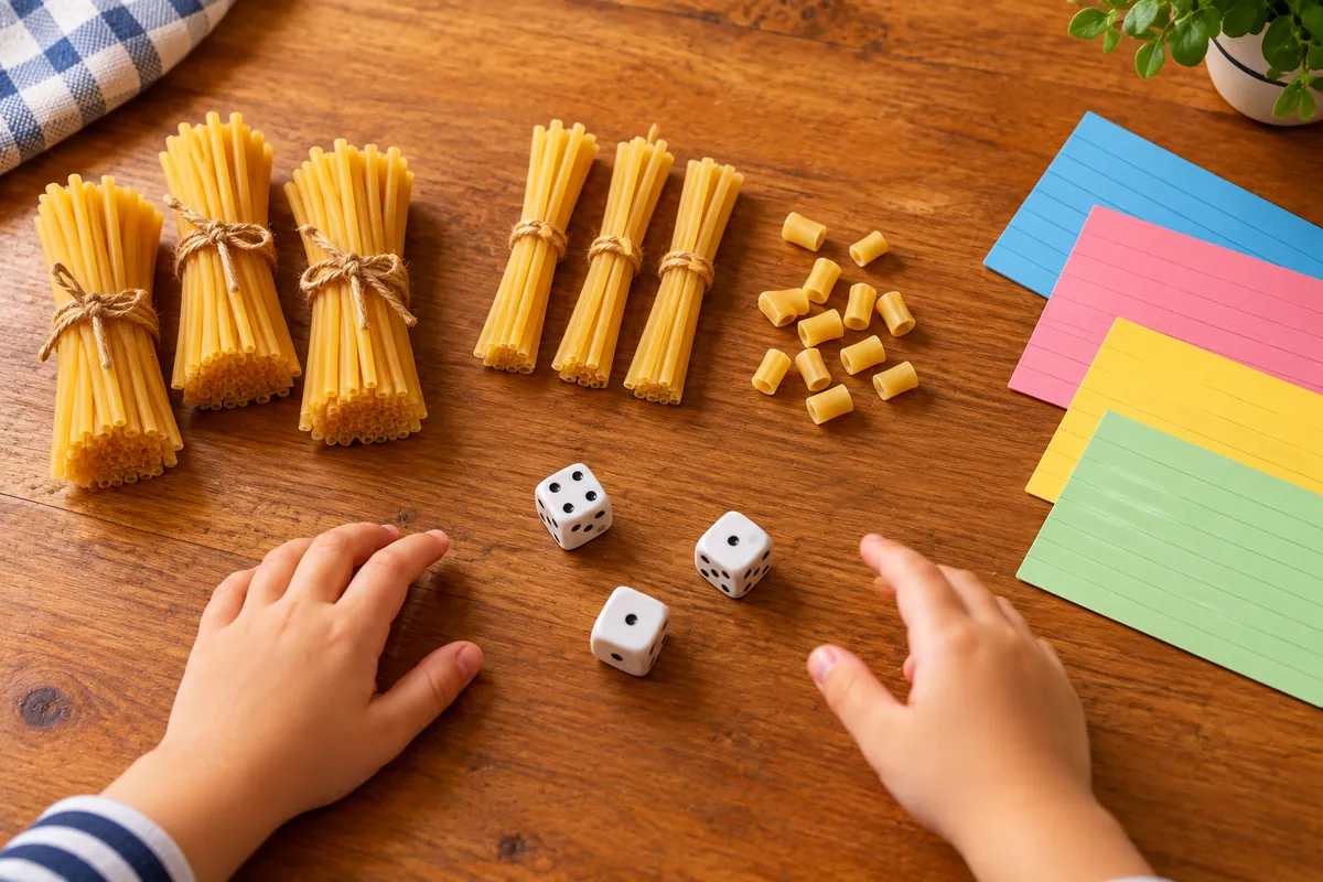 Simple at-home place value activities using pasta, dice and number cards