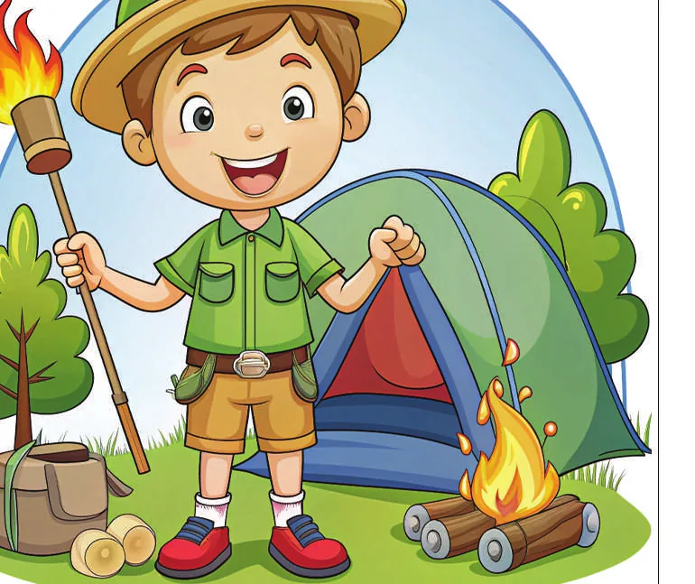 A boy in a scout uniform standing beside a tent and a campfire
