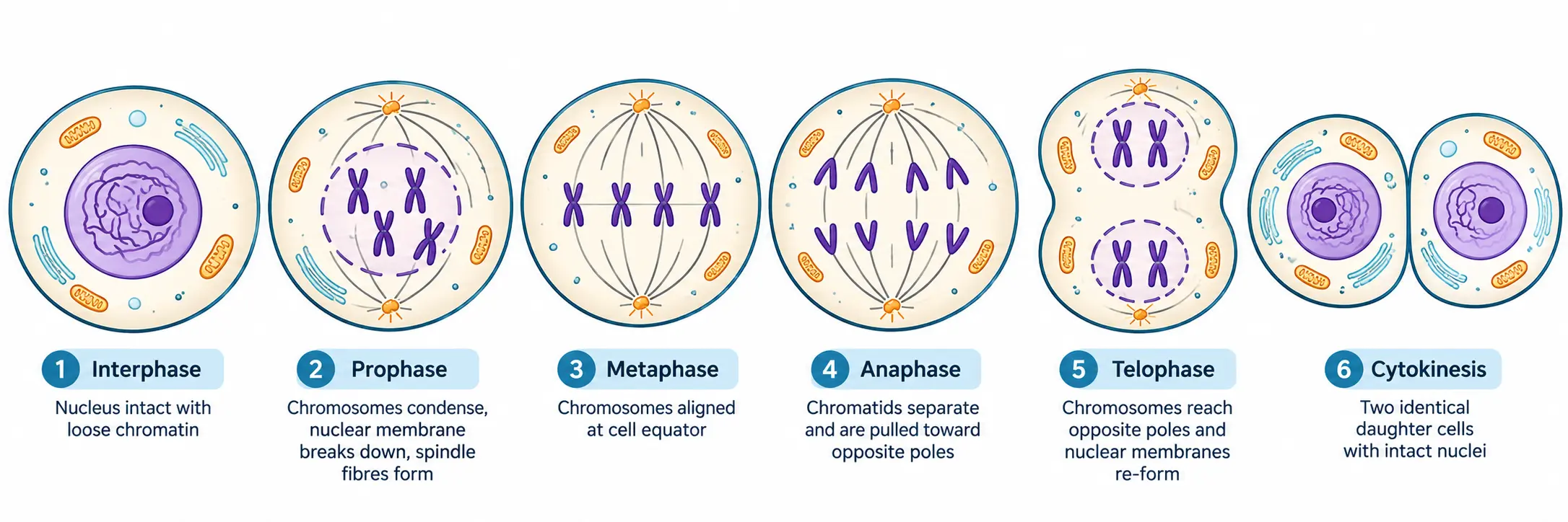 The stages of mitosis from interphase through prophase, metaphase, anaphase and telophase to two daughter cells, with chromosome counts shown at each stage