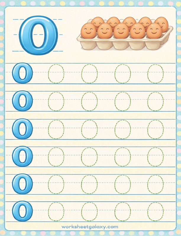 Tracing worksheet for number 0 with eggs