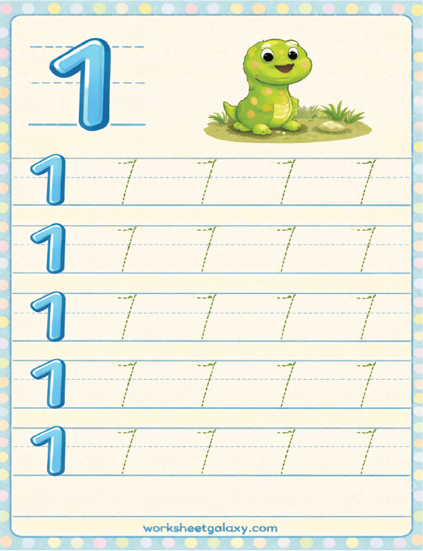 Tracing worksheet for number 1 with dinosaur
