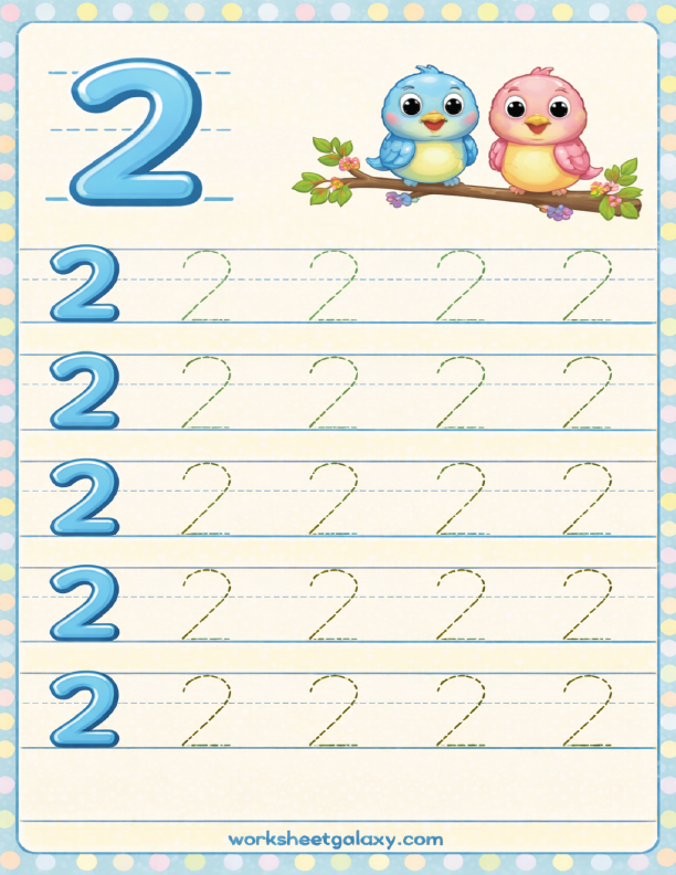 Tracing worksheet for number 2 with birds