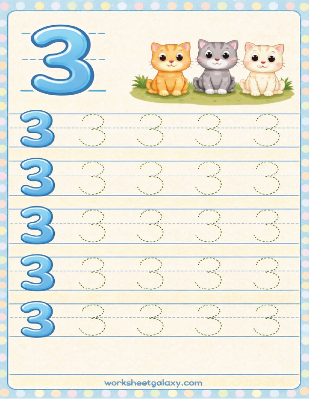 Tracing worksheet for number 3 with cats