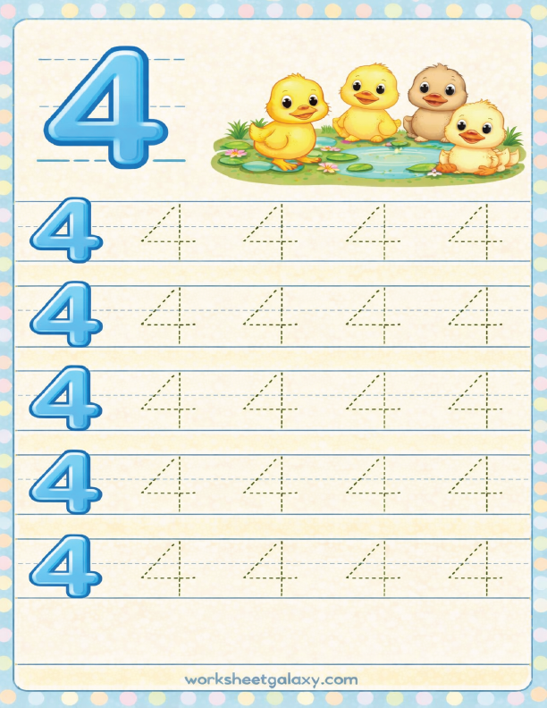 Tracing worksheet for number 4 with ducks