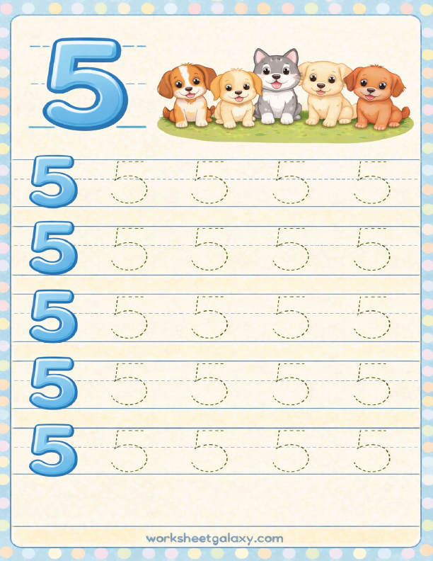 Tracing worksheet for number 5 with dogs