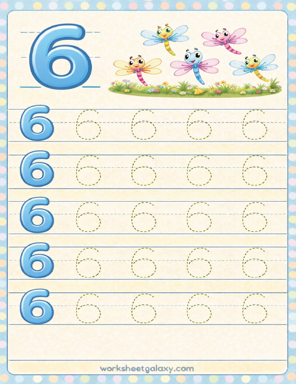 Tracing worksheet for number 6 with dragon flies