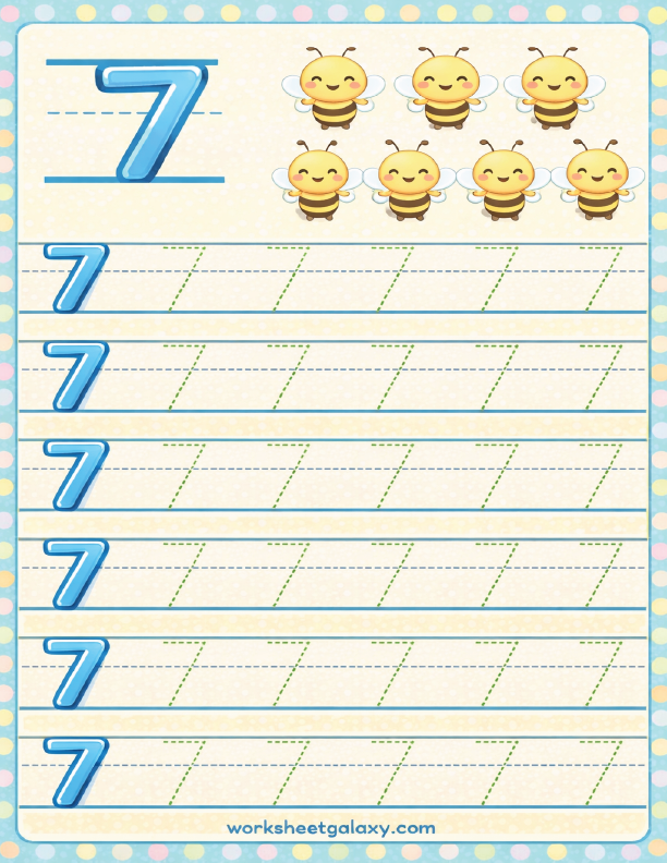 Tracing worksheet for number 7 with honey bees