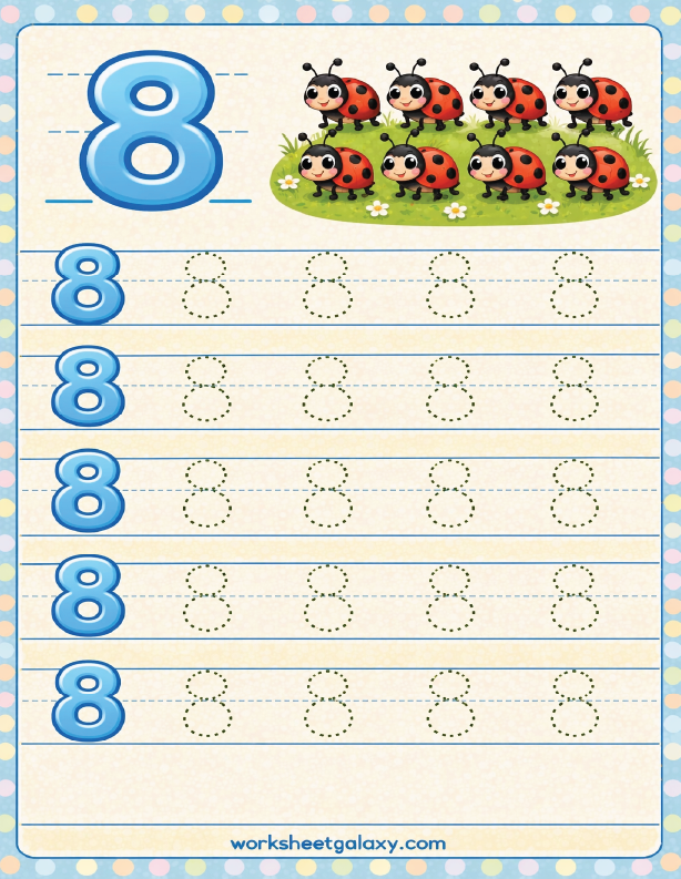Tracing worksheet for number 8 with ladybugs