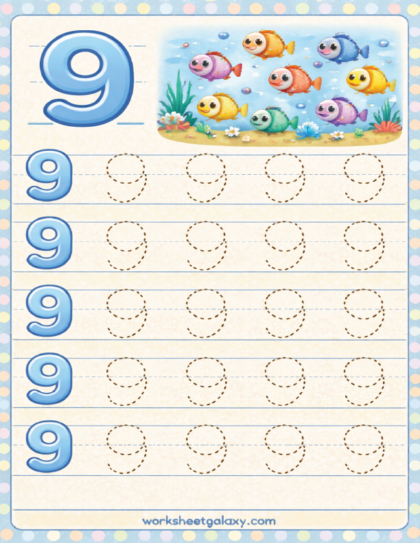 Tracing worksheet for number 9 with fish